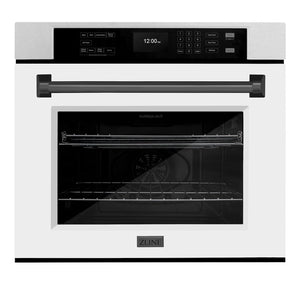 ZLINE 30 in. Autograph Edition Professional True Convection Single Wall Oven with Air Fry and Self Clean in Satin Stainless Steel with White Matte Door and Matte Black Handle (WASSZ-WM-30-MB) front.