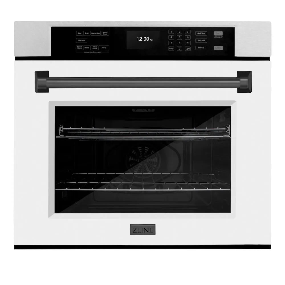 ZLINE Autograph Edition 30 in. Professional True Convection Single Wall Oven with Air Fry and Self Clean in Satin Stainless Steel with White Matte Door and Matte Black Handle (WASSZ-WM-30-MB) main image.