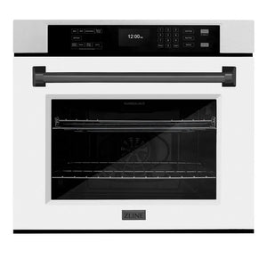ZLINE Autograph Edition 30 in. Professional True Convection Single Wall Oven with Air Fry and Self Clean in Satin Stainless Steel with White Matte Door and Matte Black Handle (WASSZ-WM-30-MB) main image.