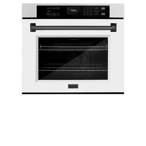ZLINE 30 in. Autograph Edition Professional True Convection Single Wall Oven with Air Fry and Self Clean in Satin Stainless Steel with White Matte Door and Matte Black Handle (WASSZ-WM-30-MB) front, closed.