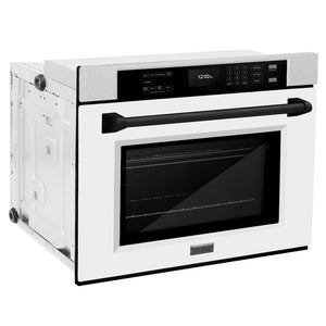 ZLINE 30 in. Autograph Edition Professional True Convection Single Wall Oven with Air Fry and Self Clean in Satin Stainless Steel with White Matte Door and Matte Black Handle (WASSZ-WM-30-MB) side.