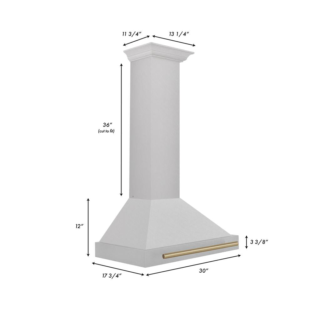 ZLINE Autograph Edition 30 in. Convertible Satin Stainless Steel Wall Mount Range Hood with Champagne Bronze Handle (KB4SNZ-30-CB) dimensional diagram.