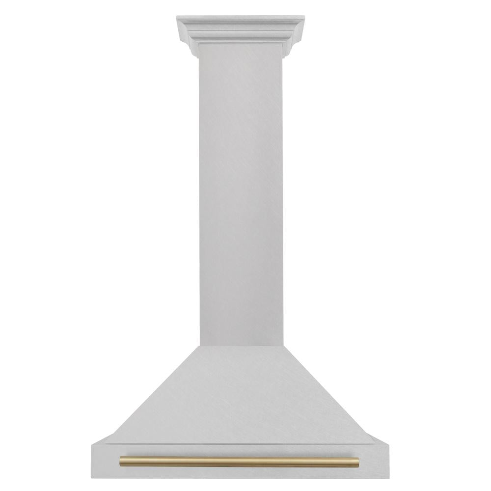 ZLINE Autograph Edition 30 in. Convertible Satin Stainless Steel Wall Mount Range Hood with Champagne Bronze Handle (KB4SNZ-30-CB) front.