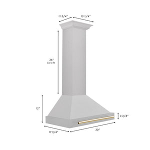 ZLINE Autograph Edition 30 in. Convertible Satin Stainless Steel Wall Mount Range Hood with Polished Gold Handle (KB4SNZ-30-G) dimensional diagram.