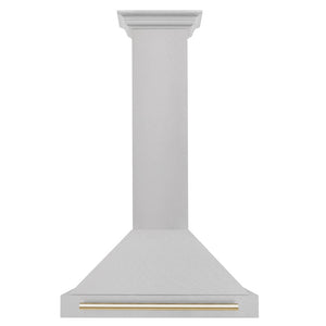 ZLINE Autograph Edition 30 in. Convertible Satin Stainless Steel Wall Mount Range Hood with Polished Gold Handle (KB4SNZ-30-G) front.