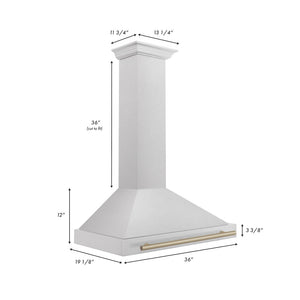 ZLINE Autograph Edition 36 in. Convertible Satin Stainless Steel Wall Mount Range Hood with Champagne Bronze Handle (KB4SNZ-36-CB) dimensional diagram.