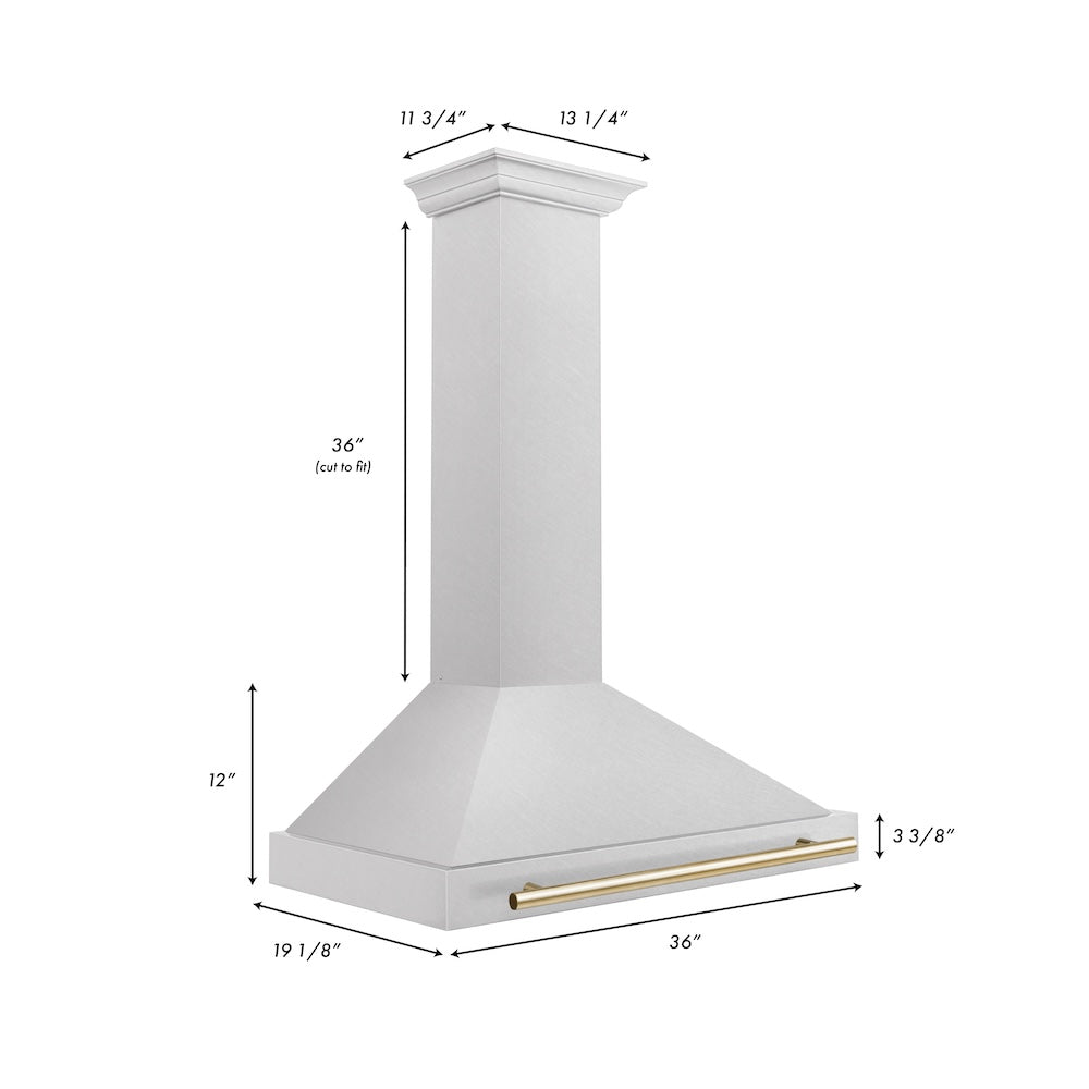 ZLINE Autograph Edition 36 in. Convertible Satin Stainless Steel Wall Mount Range Hood with Polished Gold Handle (KB4SNZ-36-G) dimensional diagram.