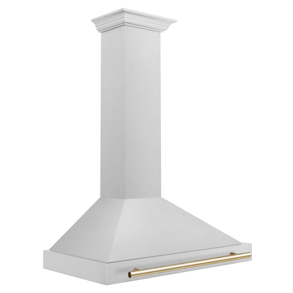ZLINE Autograph Edition 36 in. Convertible Satin Stainless Steel Wall Mount Range Hood with Polished Gold Handle (KB4SNZ-36-G) side.