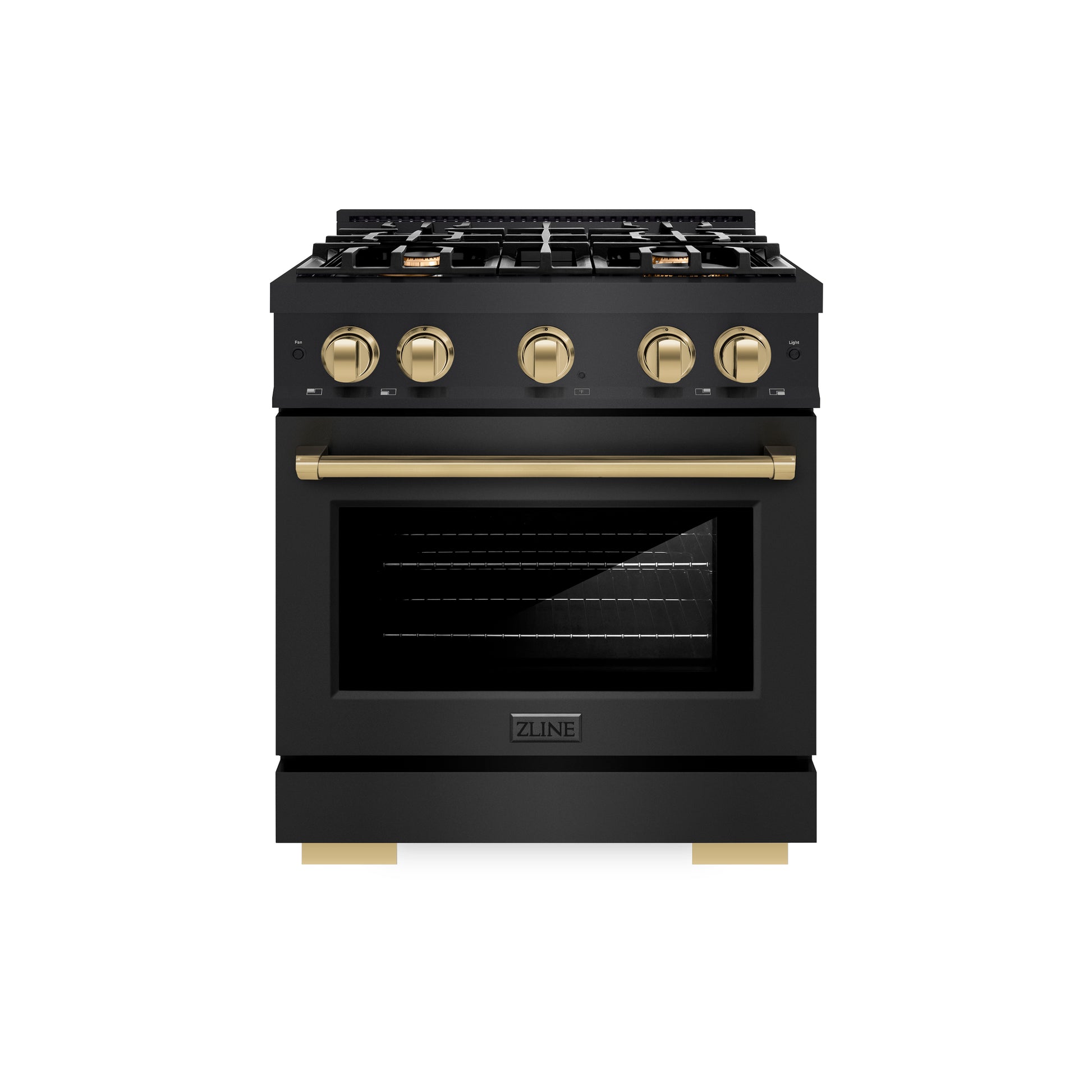 ZLINE Autograph Edition 30 in. 4.2 cu. ft. Select Dual Fuel Range with 4 Burner Gas Cooktop and Electric Convection Oven in Black Stainless Steel with Champagne Bronze Accents (HDRBZ-30-CB) front.