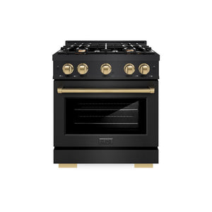 ZLINE Autograph Edition 30 in. 4.2 cu. ft. Select Dual Fuel Range with 4 Burner Gas Cooktop and Electric Convection Oven in Black Stainless Steel with Champagne Bronze Accents (HDRBZ-30-CB) front, oven closed.
