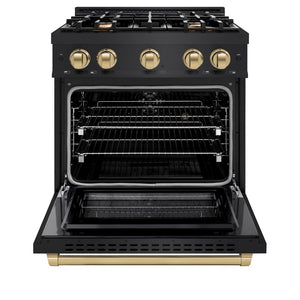 ZLINE Autograph Edition 30 in. 4.2 cu. ft. Select Dual Fuel Range with 4 Burner Gas Cooktop and Electric Convection Oven in Black Stainless Steel with Champagne Bronze Accents (HDRBZ-30-CB) front, oven open.