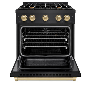 ZLINE Autograph Edition 30 in. 4.2 cu. ft. Select Dual Fuel Range with 4 Burner Gas Cooktop and Electric Convection Oven in Black Stainless Steel with Champagne Bronze Accents (HDRBZ-30-CB) front, open.