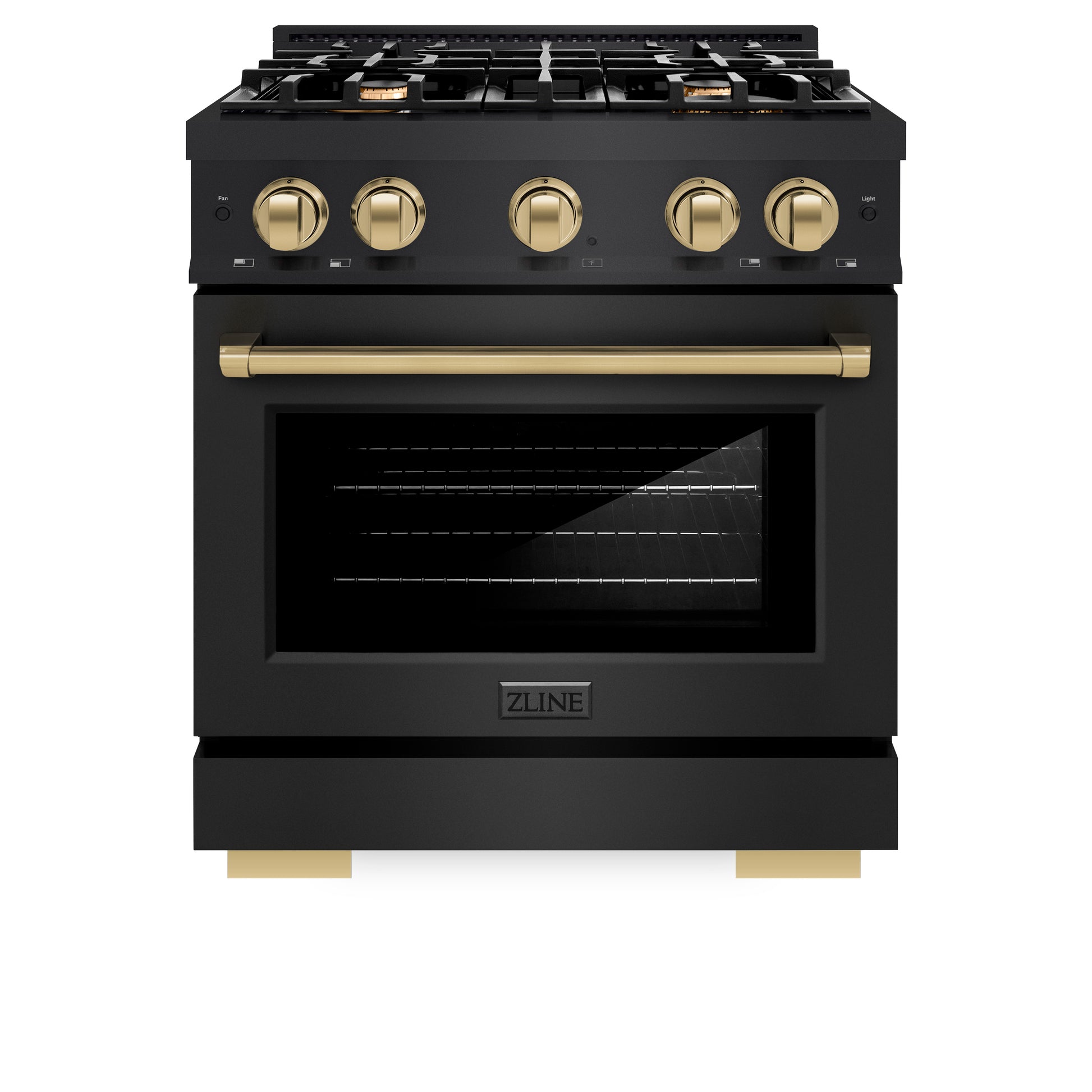 ZLINE Autograph Edition 30 in. 4.2 cu. ft. Select Dual Fuel Range with 4 Burner Gas Cooktop and Electric Convection Oven in Black Stainless Steel with Champagne Bronze Accents (HDRBZ-30-CB) front, closed.