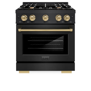 ZLINE Autograph Edition 30 in. 4.2 cu. ft. Select Dual Fuel Range with 4 Burner Gas Cooktop and Electric Convection Oven in Black Stainless Steel with Champagne Bronze Accents (HDRBZ-30-CB) front, oven closed.