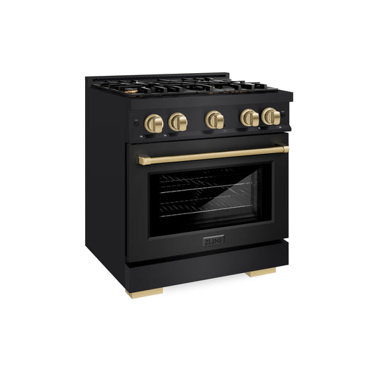 ZLINE Autograph Edition 30 in. 4.2 cu. ft. Select Dual Fuel Range with 4 Burner Gas Cooktop and Electric Convection Oven in Black Stainless Steel with Champagne Bronze Accents (HDRBZ-30-CB)