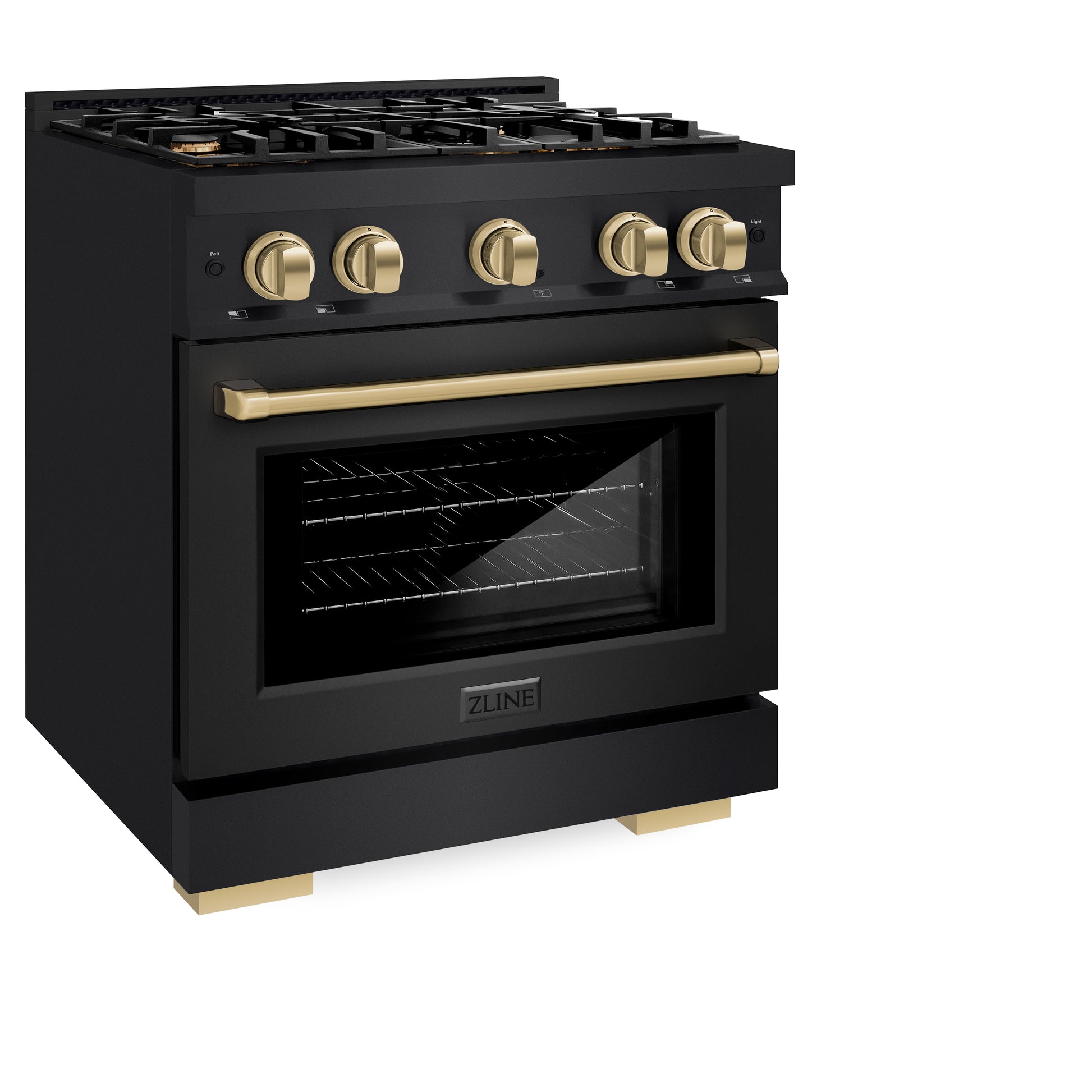 ZLINE Autograph Edition 30 in. 4.2 cu. ft. Select Dual Fuel Range with 4 Burner Gas Cooktop and Electric Convection Oven in Black Stainless Steel with Champagne Bronze Accents (HDRBZ-30-CB) side, closed.