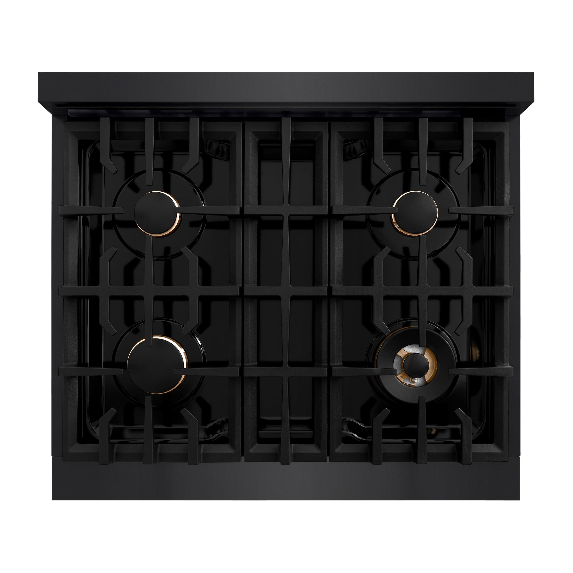 ZLINE Autograph Edition 30 in. 4.2 cu. ft. Select Dual Fuel Range with 4 Burner Gas Cooktop and Electric Convection Oven in Black Stainless Steel with Champagne Bronze Accents (HDRBZ-30-CB) top-down, above cooktop.