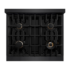 ZLINE Autograph Edition 30 in. 4.2 cu. ft. Select Dual Fuel Range with 4 Burner Gas Cooktop and Electric Convection Oven in Black Stainless Steel with Champagne Bronze Accents (HDRBZ-30-CB) top-down, above cooktop.