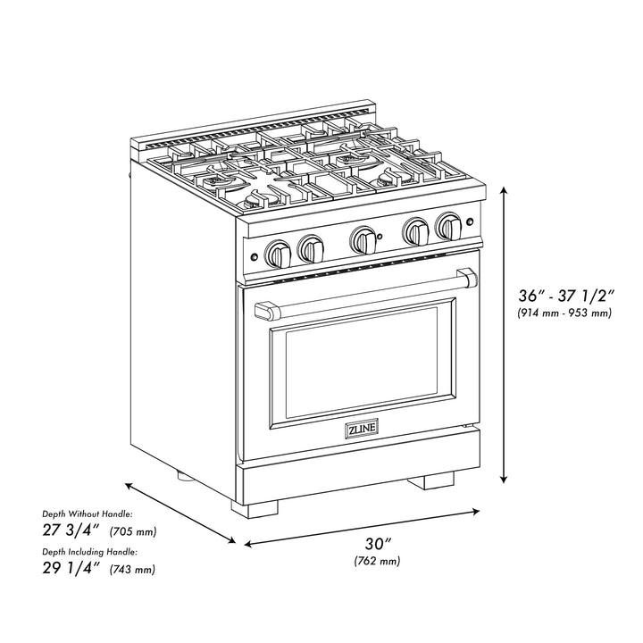 ZLINE Autograph Edition 30 in. 4.2 cu. ft. Select Gas Range with 4 Burner Cooktop and Convection Gas Oven in Black Stainless Steel and Polished Gold Accents (HGRBZ-30-G) dimensional diagram.