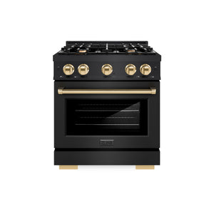 ZLINE Autograph Edition 30 in. 4.2 cu. ft. Select Dual Fuel Range with 4 Burner Gas Cooktop and Electric Convection Oven in Black Stainless Steel with Polished Gold Accents (HDRBZ-30-G) front.