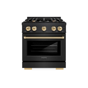 ZLINE Autograph Edition 30 in. 4.2 cu. ft. Select Gas Range with 4 Burner Cooktop and Convection Gas Oven in Black Stainless Steel and Polished Gold Accents (HGRBZ-30-G) front, oven closed.