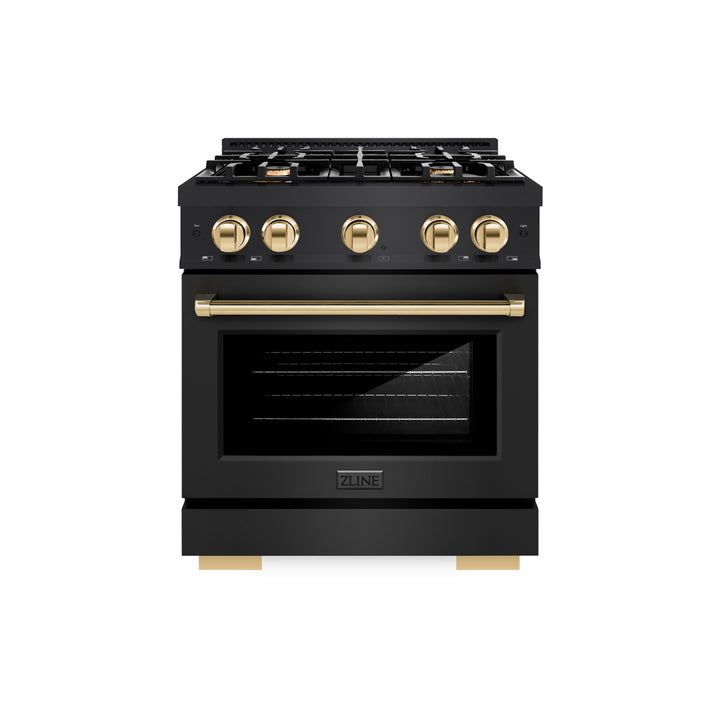 ZLINE Autograph Edition 30 in. 4.2 cu. ft. Select Gas Range with 4 Burner Cooktop and Convection Gas Oven in Black Stainless Steel and Polished Gold Accents (HGRBZ-30-G) front.