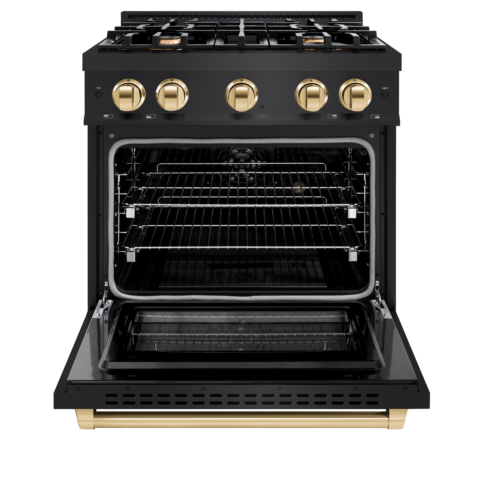 ZLINE Autograph Edition 30 in. 4.2 cu. ft. Select Dual Fuel Range with 4 Burner Gas Cooktop and Electric Convection Oven in Black Stainless Steel with Polished Gold Accents (HDRBZ-30-G) front, open.