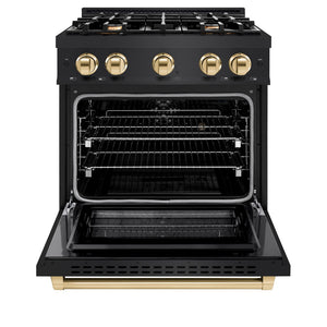 ZLINE Autograph Edition 30 in. 4.2 cu. ft. Select Dual Fuel Range with 4 Burner Gas Cooktop and Electric Convection Oven in Black Stainless Steel with Polished Gold Accents (HDRBZ-30-G) front, oven open.