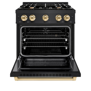 ZLINE Autograph Edition 30 in. 4.2 cu. ft. Select Dual Fuel Range with 4 Burner Gas Cooktop and Electric Convection Oven in Black Stainless Steel with Polished Gold Accents (HDRBZ-30-G) front, open.