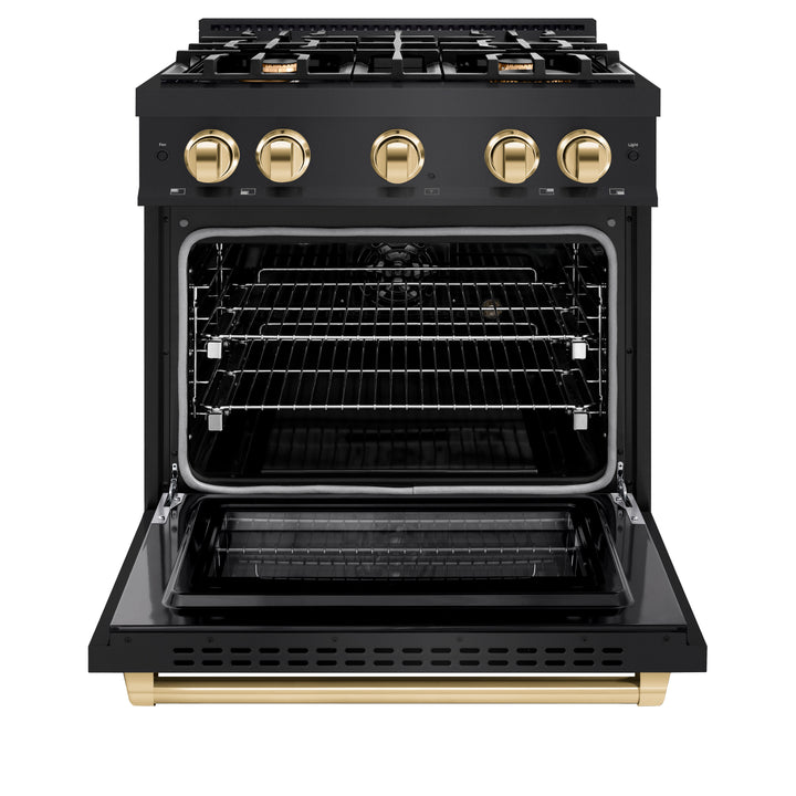 ZLINE Autograph Edition 30 in. 4.2 cu. ft. Select Gas Range with 4 Burner Cooktop and Convection Gas Oven in Black Stainless Steel and Polished Gold Accents (HGRBZ-30-G) front, open.