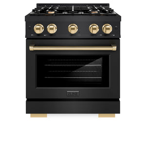 ZLINE Autograph Edition 30 in. 4.2 cu. ft. Select Dual Fuel Range with 4 Burner Gas Cooktop and Electric Convection Oven in Black Stainless Steel with Polished Gold Accents (HDRBZ-30-G) front, oven closed.