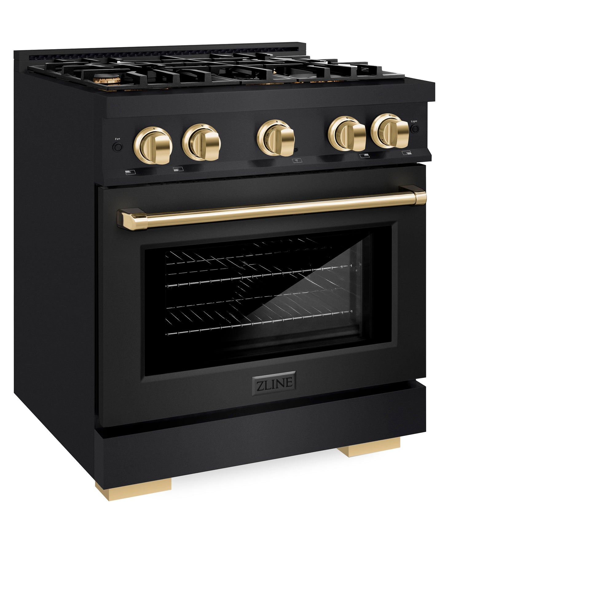 ZLINE Autograph Edition 30 in. 4.2 cu. ft. Select Dual Fuel Range with 4 Burner Gas Cooktop and Electric Convection Oven in Black Stainless Steel with Polished Gold Accents (HDRBZ-30-G) side, closed.