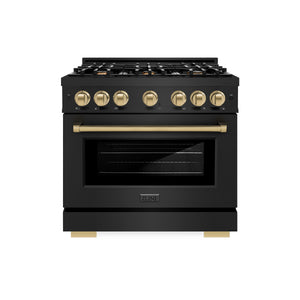 ZLINE Autograph Edition 36 in. 5.2 cu. ft. Select Dual Fuel Range with 6 Burner Gas Cooktop and Electric Convection Oven in Black Stainless Steel with Champagne Bronze Accents (HDRBZ-36-CB) front.