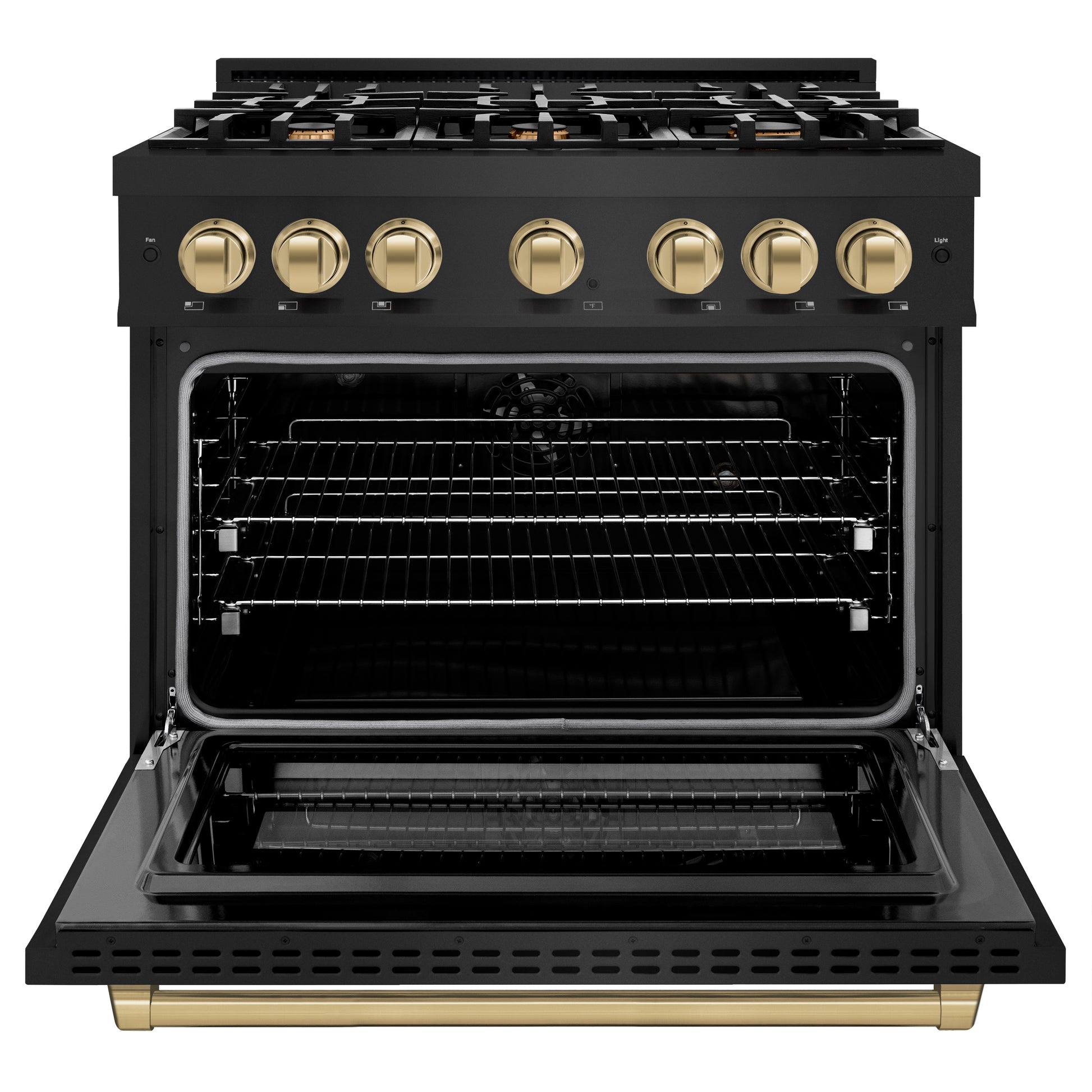 ZLINE Autograph Edition 36 in. 5.2 cu. ft. Select Dual Fuel Range with 6 Burner Gas Cooktop and Electric Convection Oven in Black Stainless Steel with Champagne Bronze Accents (HDRBZ-36-CB) front, open.