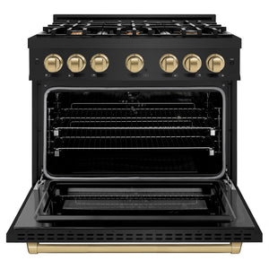 ZLINE Autograph Edition 36 in. 5.2 cu. ft. Select Dual Fuel Range with 6 Burner Gas Cooktop and Electric Convection Oven in Black Stainless Steel with Champagne Bronze Accents (HDRBZ-36-CB) front, oven open.
