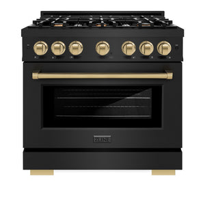 ZLINE Autograph Edition 36 in. 5.2 cu. ft. Select Dual Fuel Range with 6 Burner Gas Cooktop and Electric Convection Oven in Black Stainless Steel with Champagne Bronze Accents (HDRBZ-36-CB) front, oven closed.