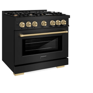 ZLINE Autograph Edition 36 in. 5.2 cu. ft. Select Dual Fuel Range with 6 Burner Gas Cooktop and Electric Convection Oven in Black Stainless Steel with Champagne Bronze Accents (HDRBZ-36-CB) side, closed.