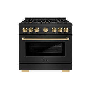 ZLINE Autograph Edition 36 in. 5.2 cu. ft. Select Dual Fuel Range with 6 Burner Gas Cooktop and Electric Convection Oven in Black Stainless Steel with Polished Gold Accents (HDRBZ-36-G) front, oven closed.