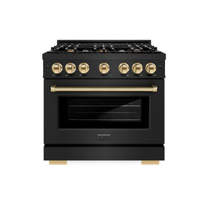 ZLINE Autograph Edition 36 in. 5.2 cu. ft. Select Dual Fuel Range with 6 Burner Gas Cooktop and Electric Convection Oven in Black Stainless Steel with Polished Gold Accents (HDRBZ-36-G) front.