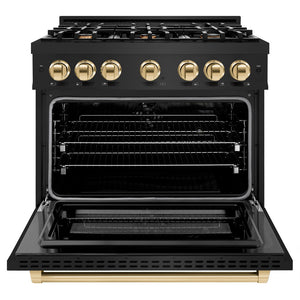 ZLINE Autograph Edition 36 in. 5.2 cu. ft. Select Dual Fuel Range with 6 Burner Gas Cooktop and Electric Convection Oven in Black Stainless Steel with Polished Gold Accents (HDRBZ-36-G) front, open.