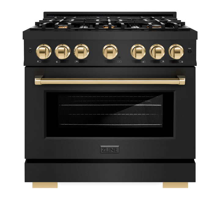 ZLINE Autograph Edition 36 in. 5.2 cu. ft. Select Dual Fuel Range with 6 Burner Gas Cooktop and Electric Convection Oven in Black Stainless Steel with Polished Gold Accents (HDRBZ-36-G) front, closed.