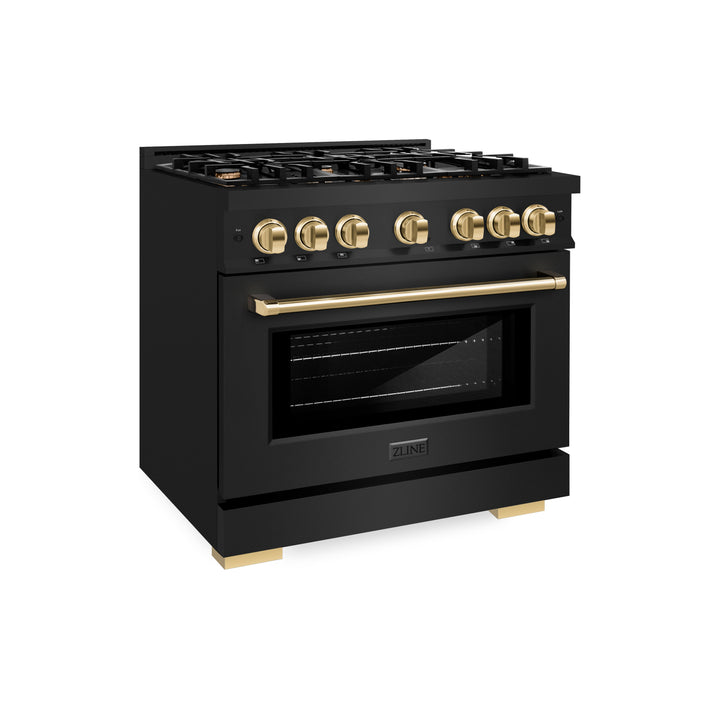 ZLINE Autograph Edition 36 in. 5.2 cu. ft. Select Dual Fuel Range with 6 Burner Gas Cooktop and Electric Convection Oven in Black Stainless Steel with Polished Gold Accents (HDRBZ-36-G)