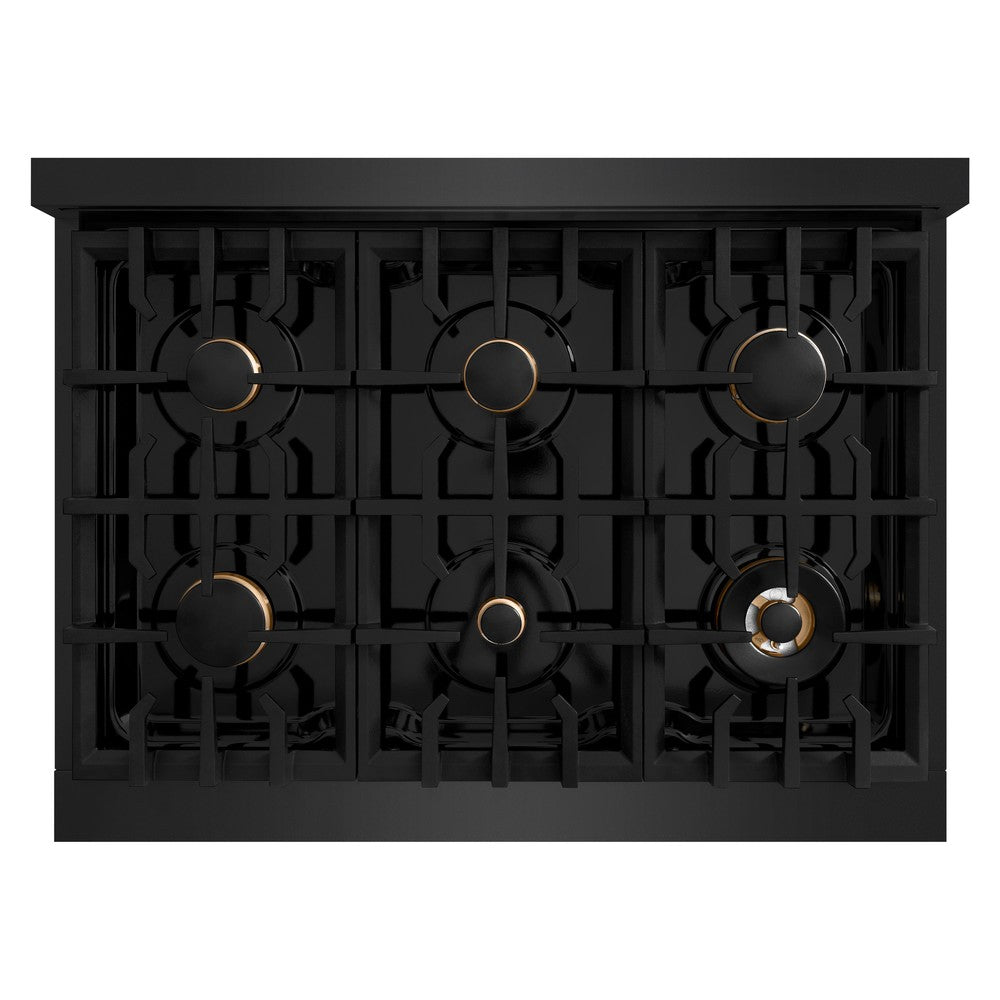 ZLINE Autograph Edition 36 in. 5.2 cu. ft. Select Dual Fuel Range with 6 Burner Gas Cooktop and Electric Convection Oven in Black Stainless Steel with Polished Gold Accents (HDRBZ-36-G) top-down, above cooktop.