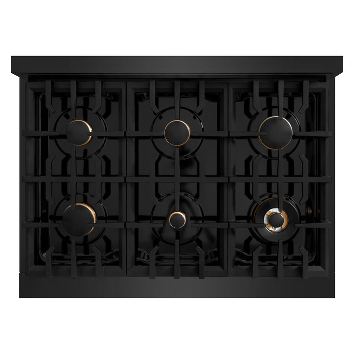 ZLINE Autograph Edition 36 in. 5.2 cu. ft. Select Dual Fuel Range with 6 Burner Gas Cooktop and Electric Convection Oven in Black Stainless Steel with Polished Gold Accents (HDRBZ-36-G) top-down, above cooktop.