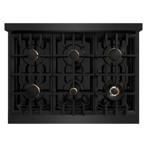 ZLINE Autograph Edition 36 in. 5.2 cu. ft. Select Dual Fuel Range with 6 Burner Gas Cooktop and Electric Convection Oven in Black Stainless Steel with Polished Gold Accents (HDRBZ-36-G) top-down, above cooktop.