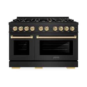 ZLINE Autograph Edition 48 in. 6.7 cu. ft. Select Double Oven Dual Fuel Range with 8 Burner Gas Cooktop in Black Stainless Steel and Champagne Bronze Accents (HDRBZ-48-CB) front, oven closed.