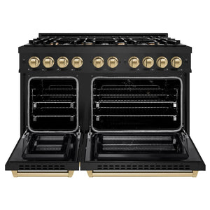 ZLINE Autograph Edition 48 in. 6.7 cu. ft. Select Double Oven Dual Fuel Range with 8 Burner Gas Cooktop in Black Stainless Steel and Champagne Bronze Accents (HDRBZ-48-CB) front, oven open.
