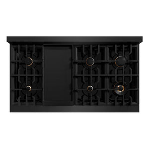 ZLINE Autograph Edition 48 in. 6.7 cu. ft. Select Double Oven Dual Fuel Range with 8 Burner Gas Cooktop in Black Stainless Steel and Champagne Bronze Accents (HDRBZ-48-CB) top-down, above cooktop.