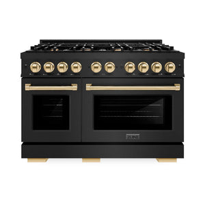 ZLINE Autograph Edition 48 in. 6.7 cu. ft. Select Double Oven Gas Range with 8 Burner Cooktop in Black Stainless Steel and Polished Gold Accents (HGRBZ-48-G) front, oven closed.