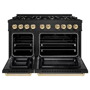 ZLINE Autograph Edition 48 in. 6.7 cu. ft. Select Double Oven Dual Fuel Range with 8 Burner Gas Cooktop in Black Stainless Steel and Polished Gold Accents (HDRBZ-48-G) front, oven open.